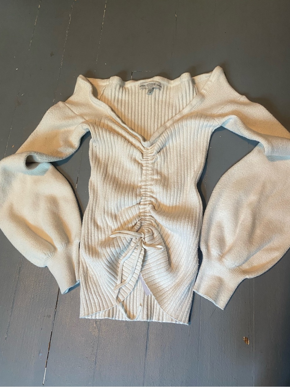 GUESS Cream Ribbed Off-Shoulder Sweater - Picture 2 of 4